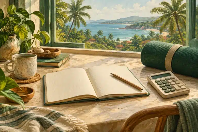Illustrated study desk with a notebook, calculator, yoga mat, and palm-framed coast.