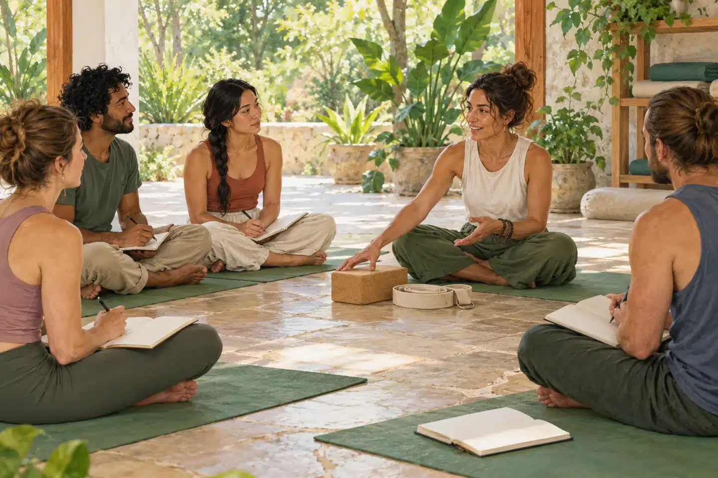 Illustration of yoga students taking notes while a teacher discusses blocks and straps.