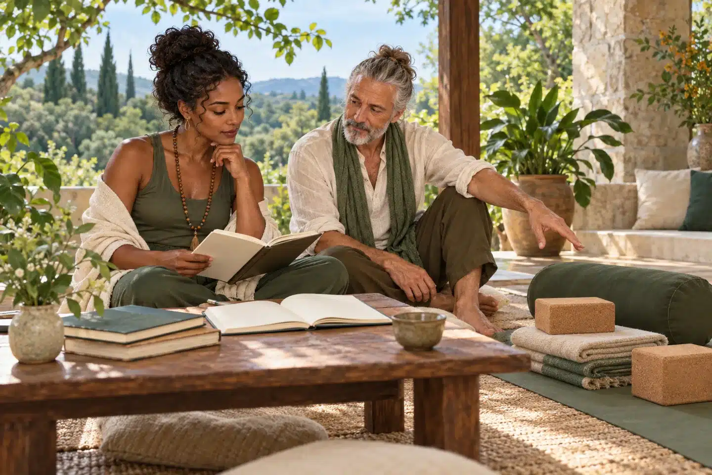 Illustration of two yoga teachers studying together beside restorative props on a veranda.