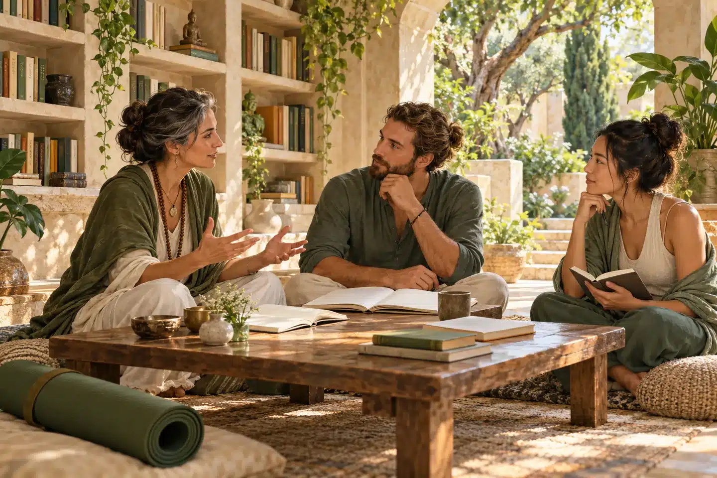 Illustration of three yoga teachers discussing study books at a low table.