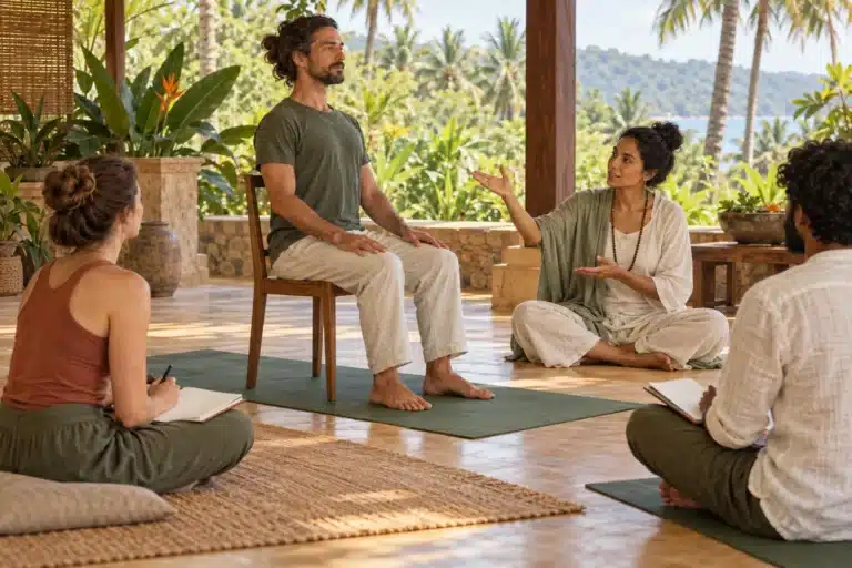 Illustration of yoga trainees observing a seated chair posture demonstration on a tropical veranda.