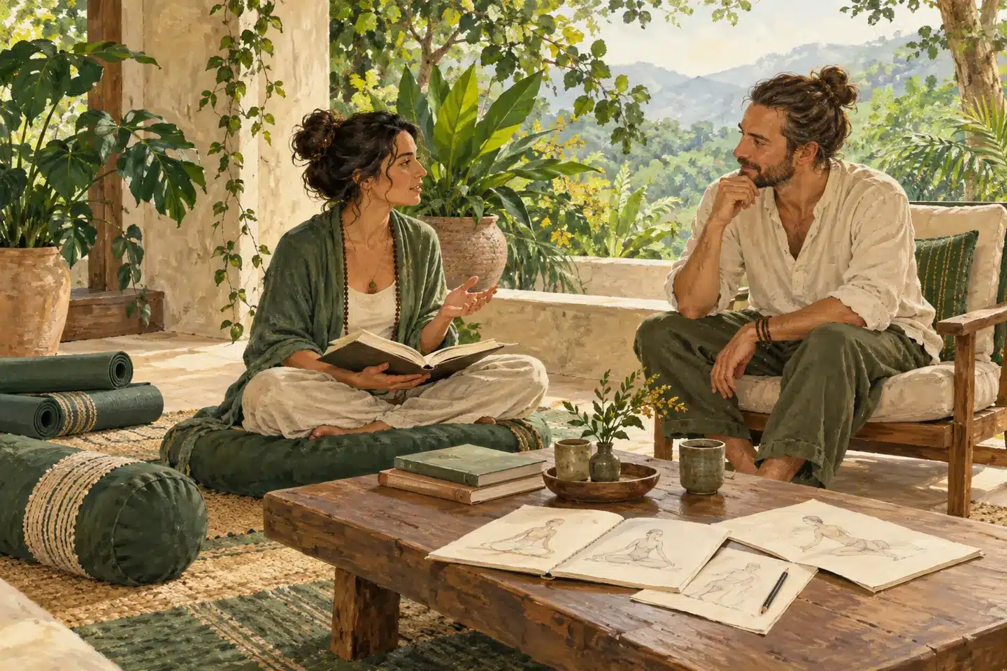 Painterly illustration of two adult yoga teachers studying together beside mats and books.