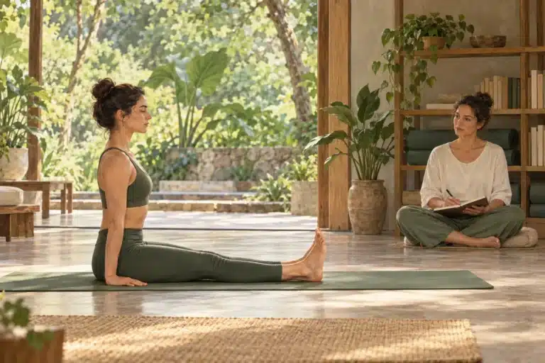 Illustration of yoga practitioner in staff pose while a teacher observes and takes notes.