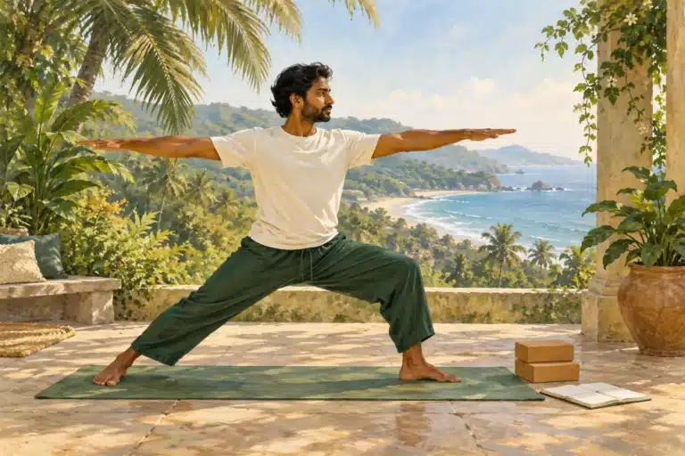 Illustration of an adult practicing a standing warrior pose near a palm-lined coast.
