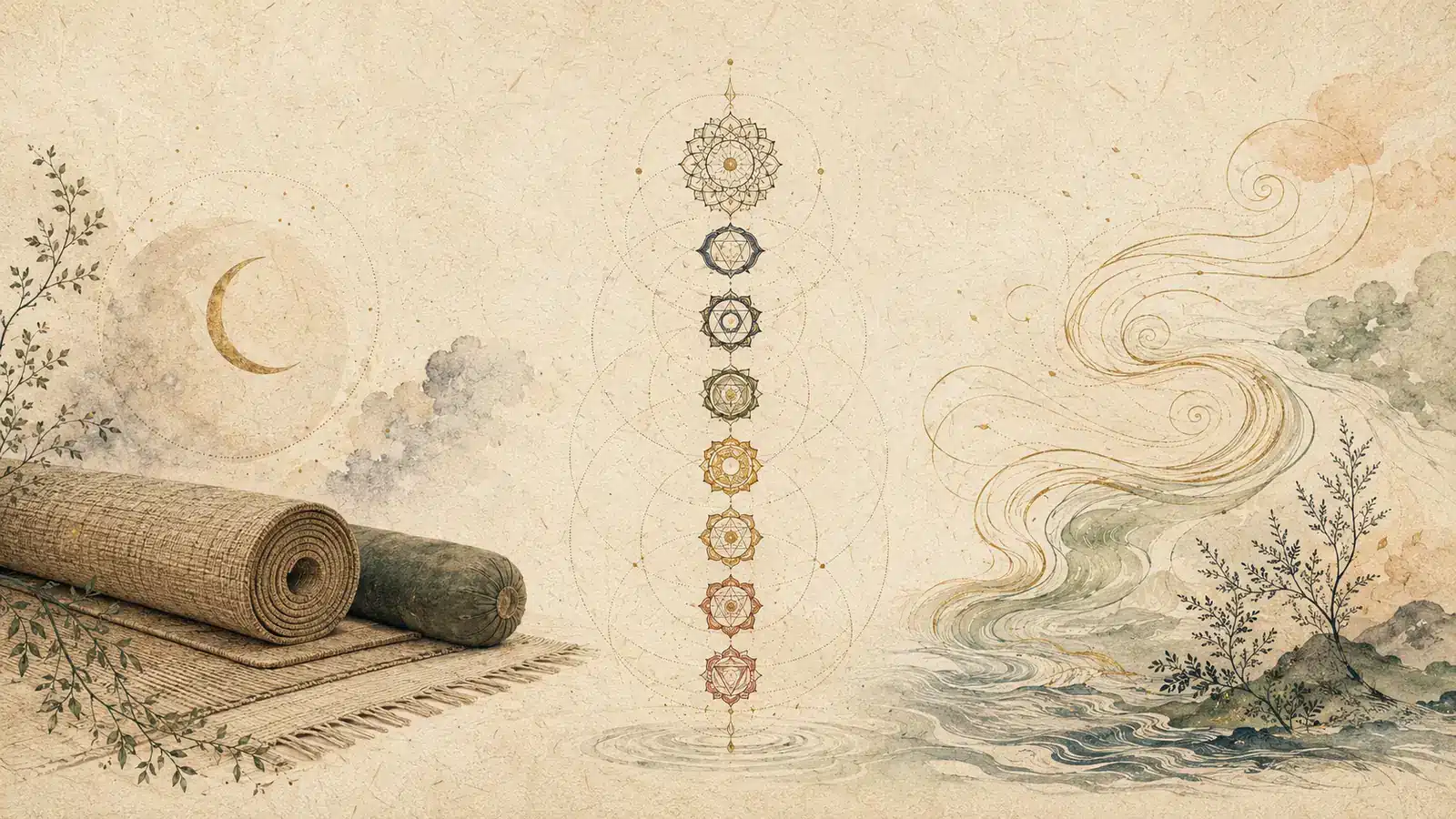 Editorial illustration of Yoga Nidra, Chakra Sadhana and Prana Vidya