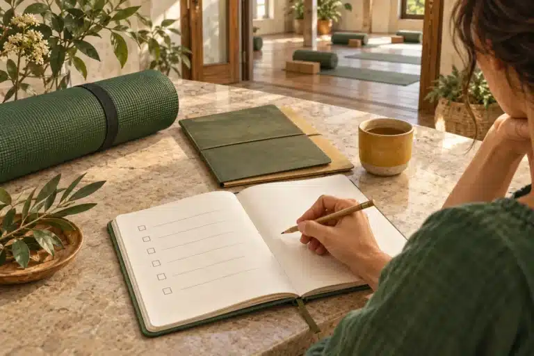 Illustration of hand holding a pencil over a checklist beside yoga course folders and a mat.