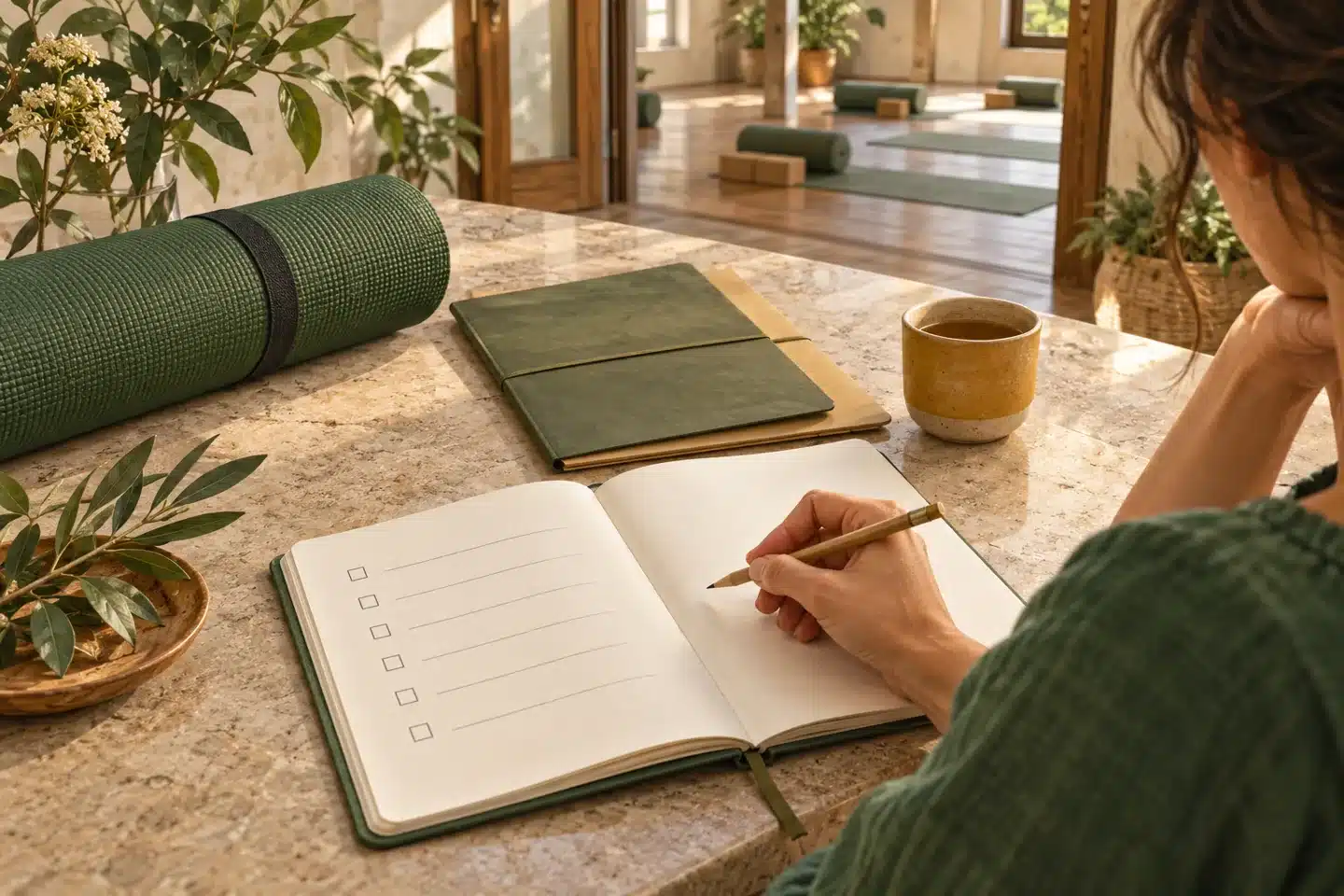 Illustration, wie man einen Bleistift über einer Checkliste neben Yoga-Kursmappen und einer Matte hält.