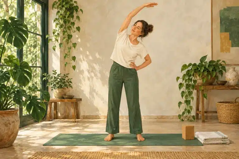 Painterly illustration of an adult practicing a gentle standing side stretch beside yoga props.
