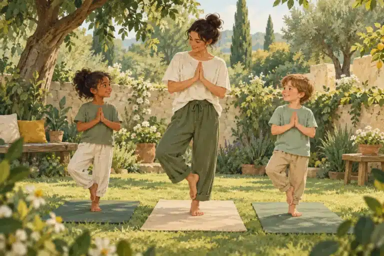 Painterly scene of two children practicing gentle balance with an adult yoga teacher.