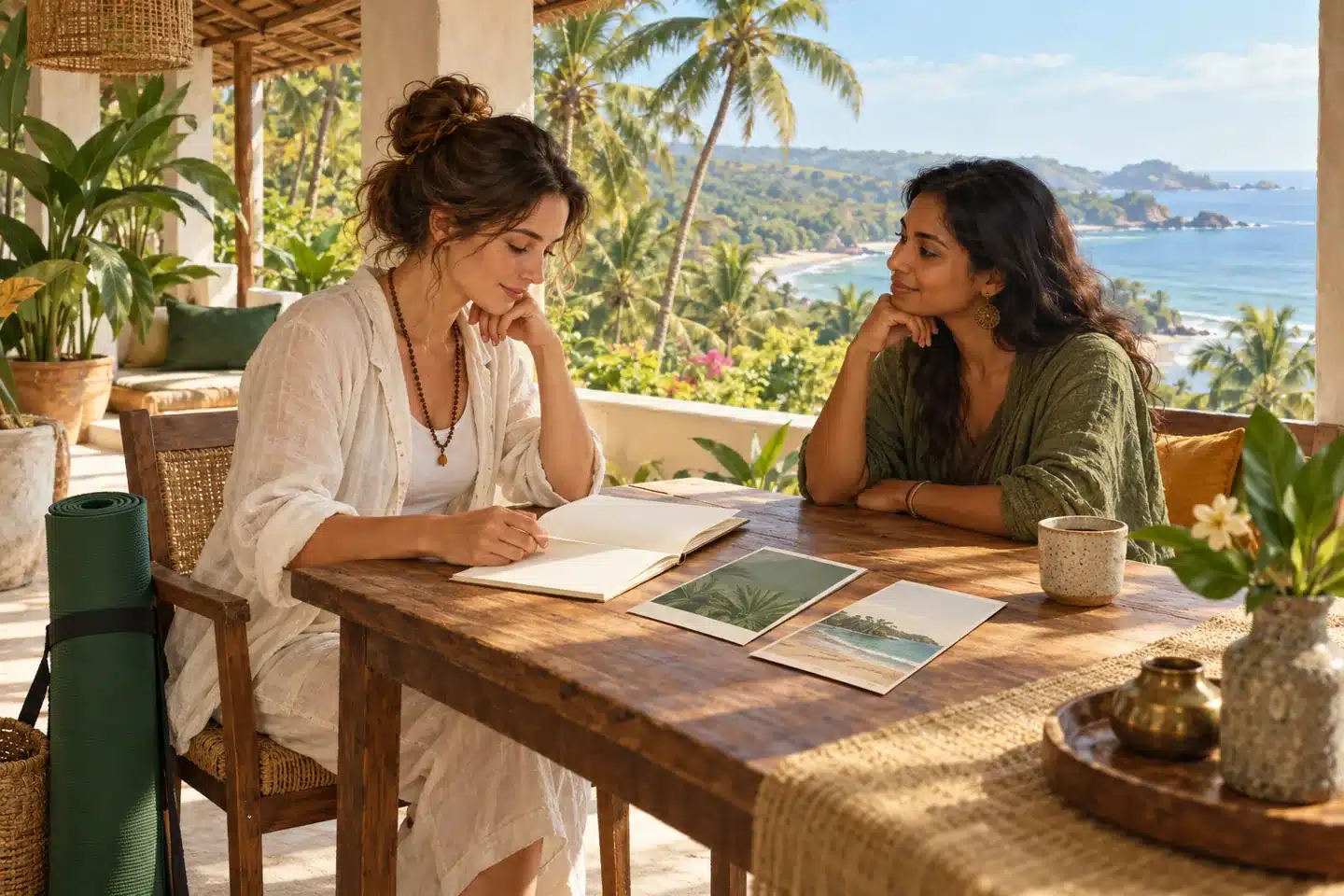 Illustration of two women reviewing yoga training options on a palm-lined coastal veranda.