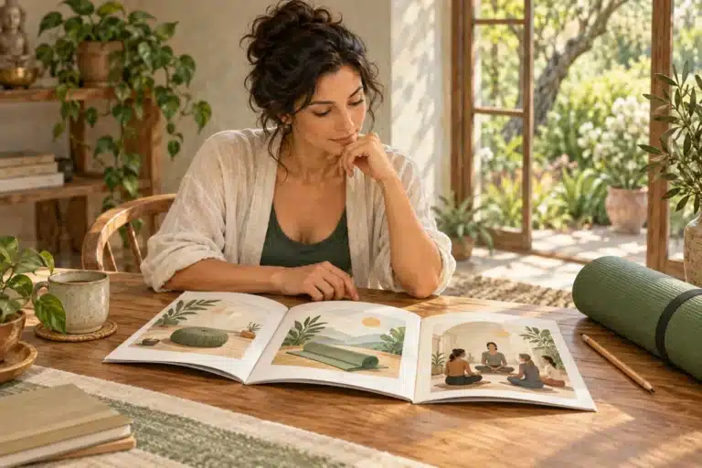 Woman comparing illustrated yoga course booklets beside a rolled mat.