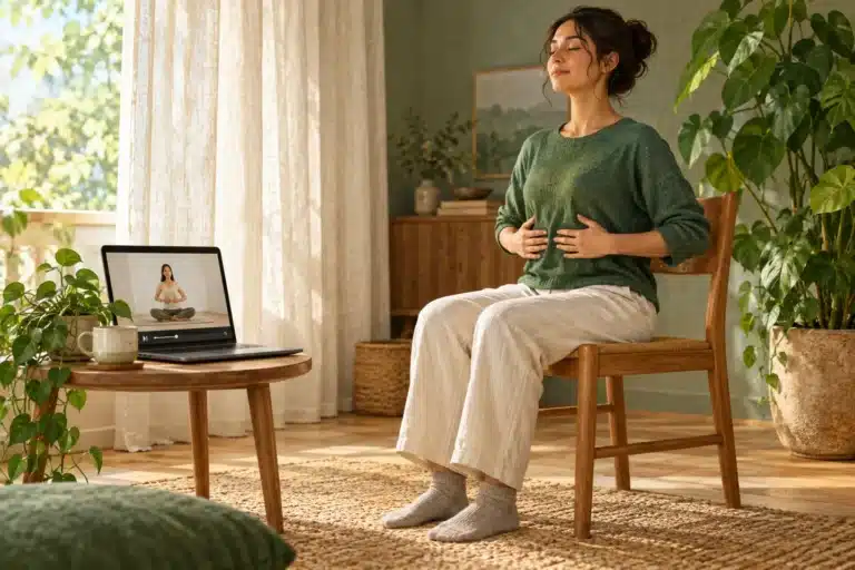 Ilustração: Um aprendiz senta-se confortavelmente ao lado de um laptop mostrando um instrutor de respiração, com as mãos apoiadas nas costelas.