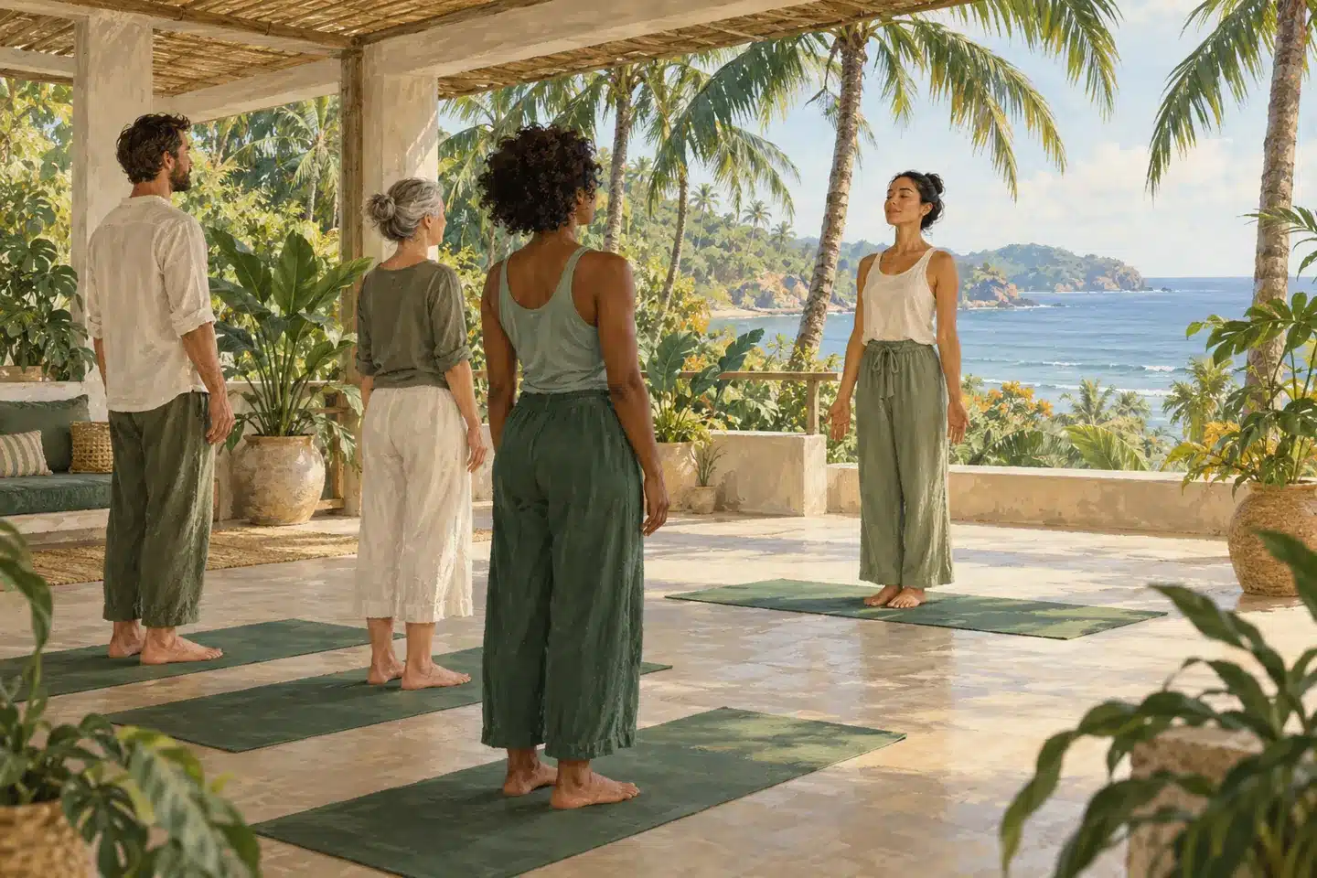 Painterly scene of three adult students and a teacher standing on yoga mats on a palm-framed veranda.