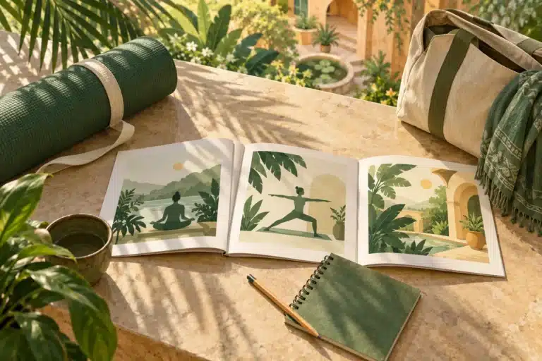 Illustrierte Kurshefte, ein Notizbuch, eine Reisetasche und eine zusammengerollte Yogamatte sind angeordnet, um die Lehrerausbildungsoptionen zu vergleichen.