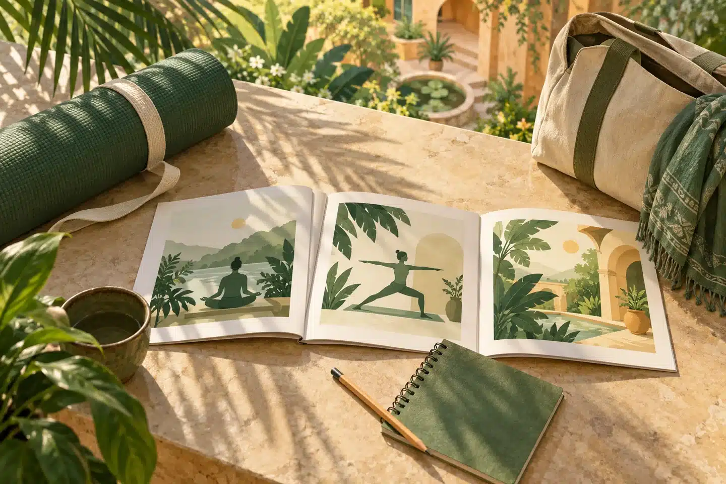 Sono disposti libretti illustrati del corso, un quaderno, una borsa da viaggio e un tappetino da yoga arrotolato per confrontare le opzioni di formazione degli insegnanti.