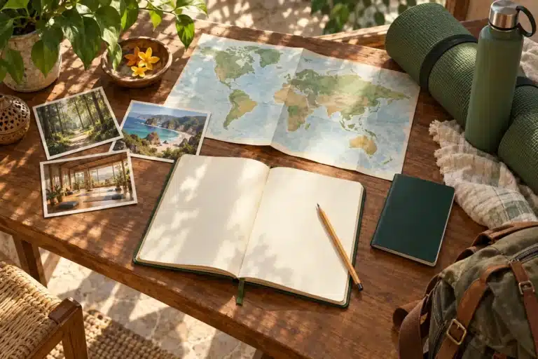 Illustration of map, scenic postcards, blank journal and yoga mat arranged for planning training abroad.