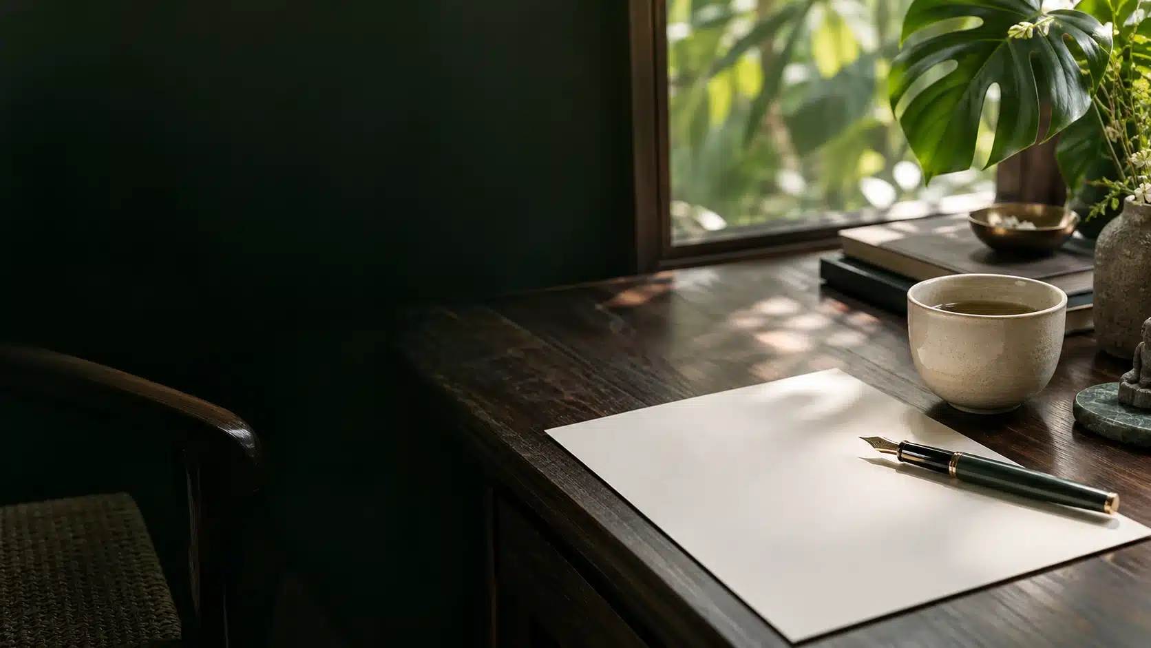 A quiet writing desk with paper, a fountain pen and tea beside a leafy window