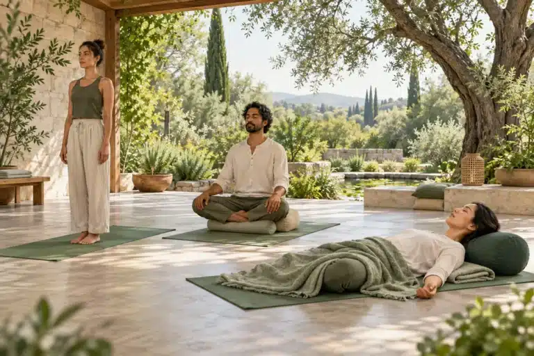 Illustration of three adults exploring standing, seated and supported reclining yoga practices.