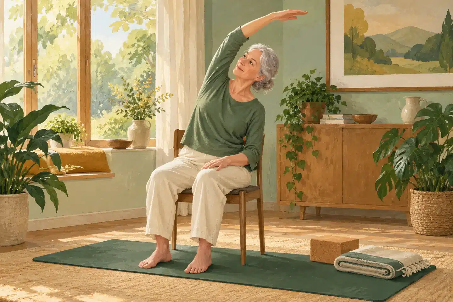 Un'illustrazione di una donna dai capelli argentei che esegue un delicato stretching seduta su una sedia robusta accanto a oggetti da yoga.