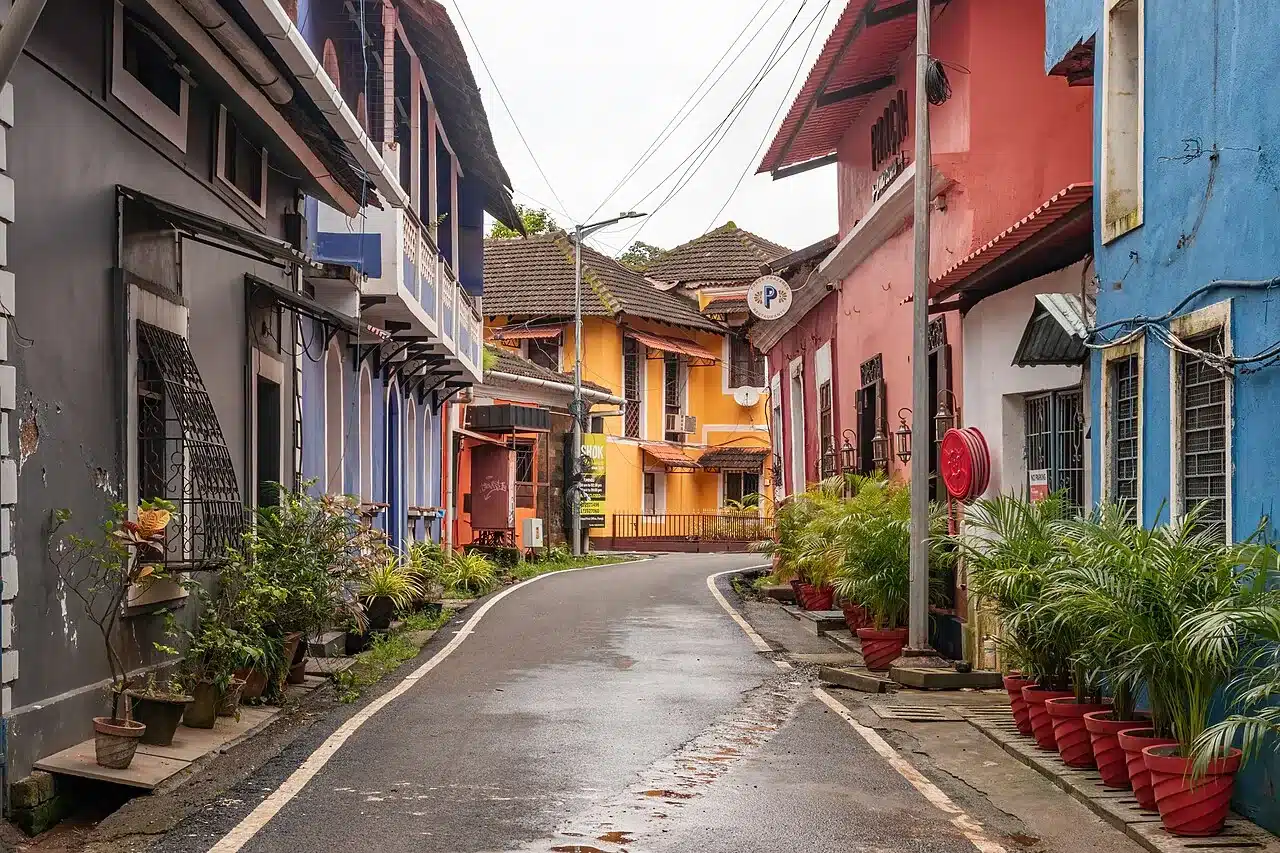 Historic buildings along a street in Fontainhas, Panjim