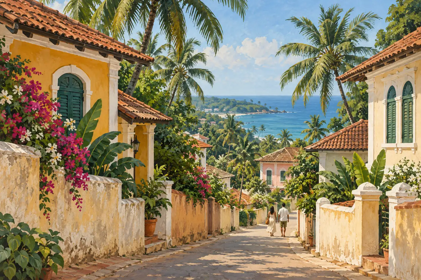 Konzeptuell bemalte er die Dorfstraße von Goa mit Terrakottadächern, Kokospalmen und Küstengrün.