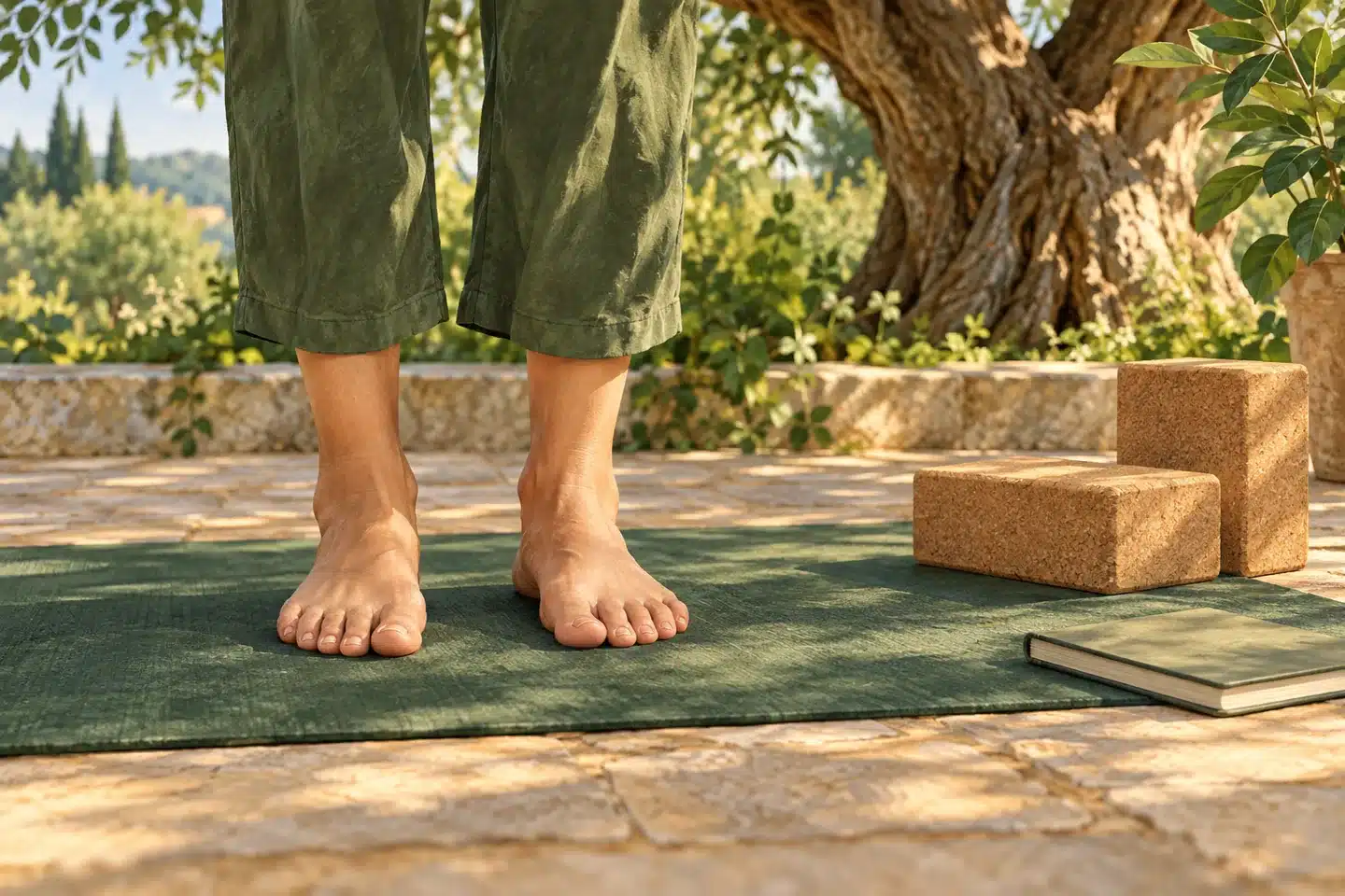 Una ilustración de pies descalzos está firmemente sobre una esterilla de yoga junto a bloques de corcho y un cuaderno en una terraza de jardín.