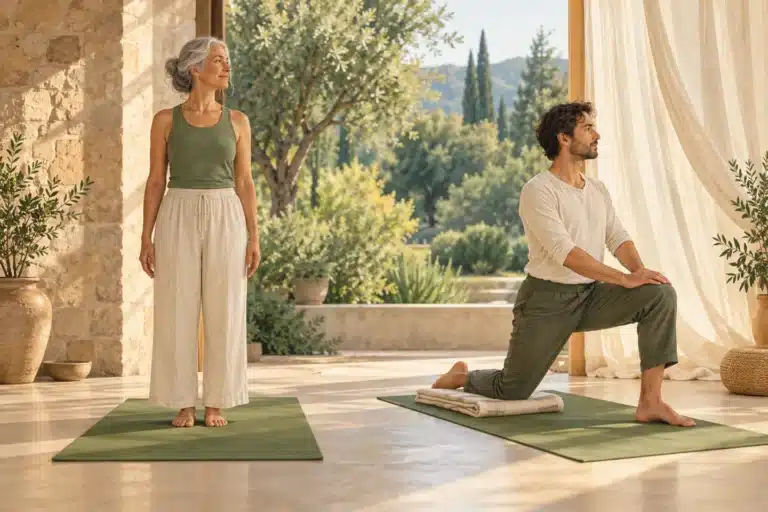 Des illustrations d’une posture debout stable et d’une fente basse soutenue apparaissent côte à côte pour comparer la pratique du Hatha et du Vinyasa.