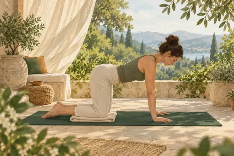 Illustration: A practitioner holds a gentle tabletop position on a mat, with a folded blanket supporting the knees.
