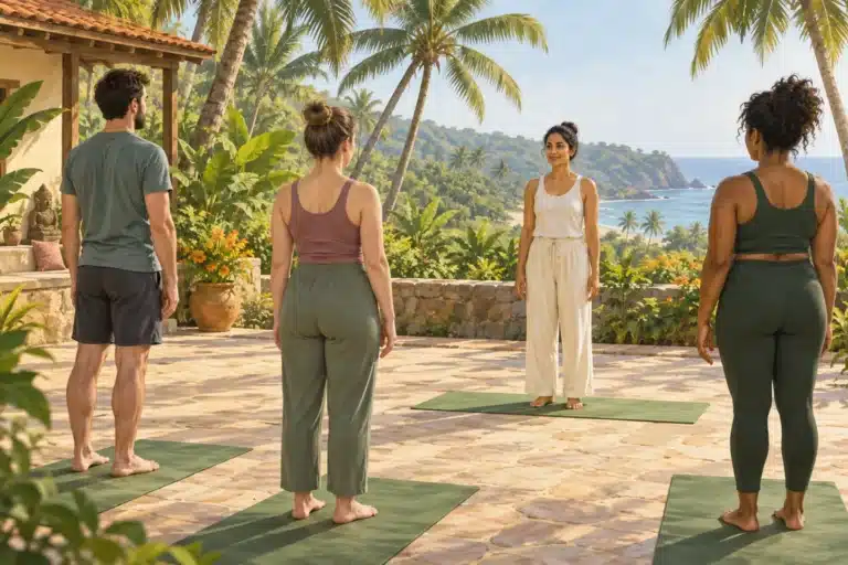 Illustration of beginner yoga students practising mountain pose in a palm-lined courtyard.