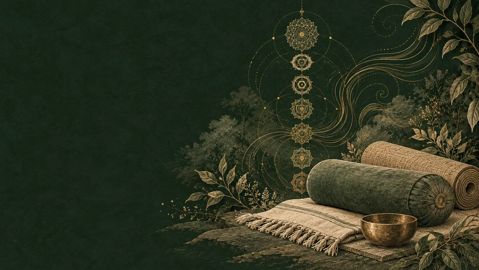 Cojín de yoga restaurador, manta doblada, esterilla tejida y cuenco de latón con ilustraciones botánicas y mandala sobre fondo verde bosque.