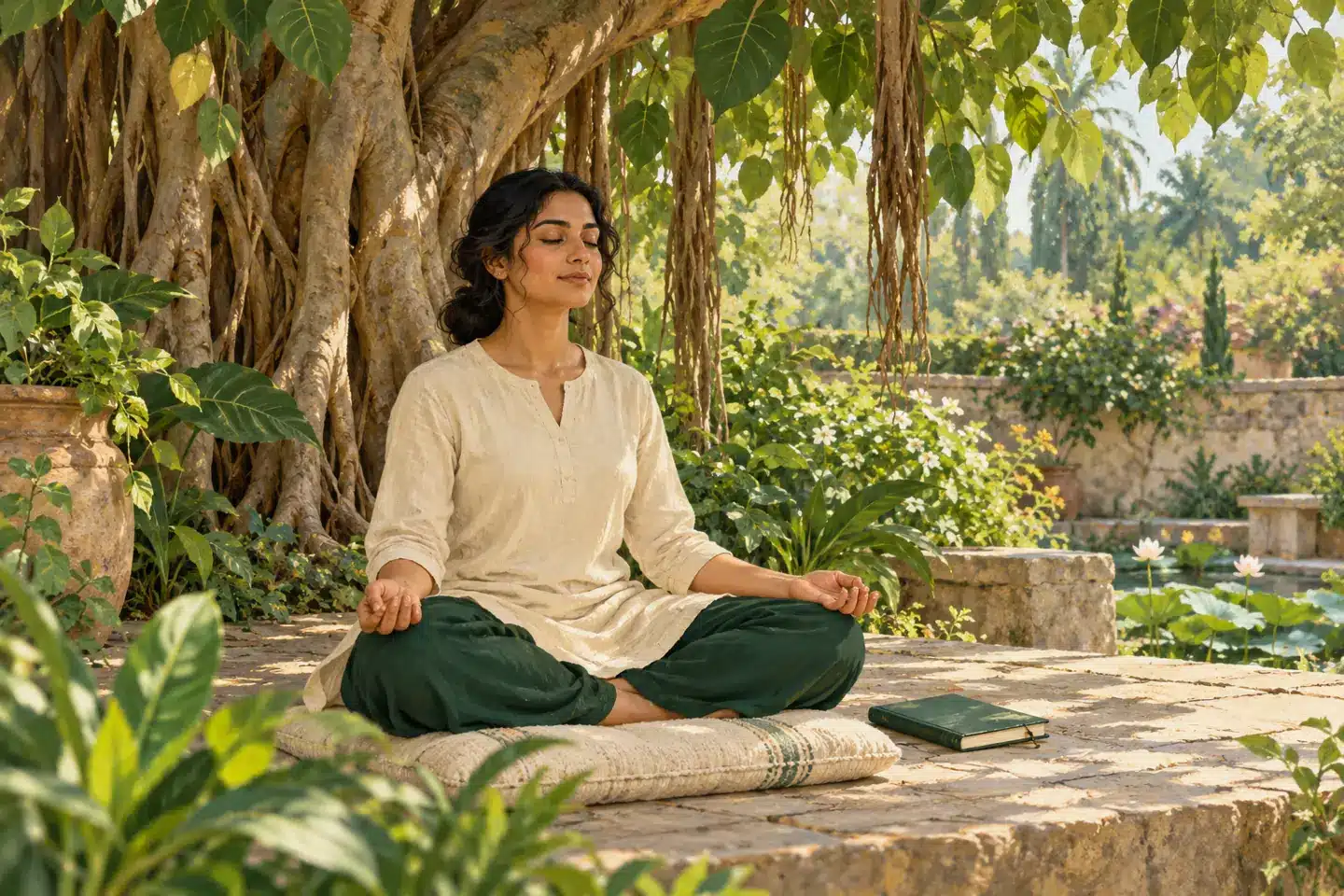 Painterly scene of a seated adult practicing quiet breath awareness beneath a banyan tree.