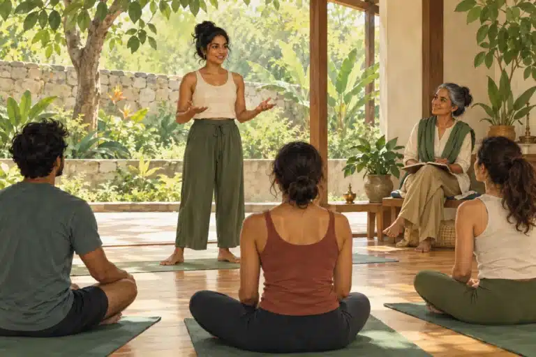 Illustration of trainee yoga teacher guiding seated students while a mentor observes.