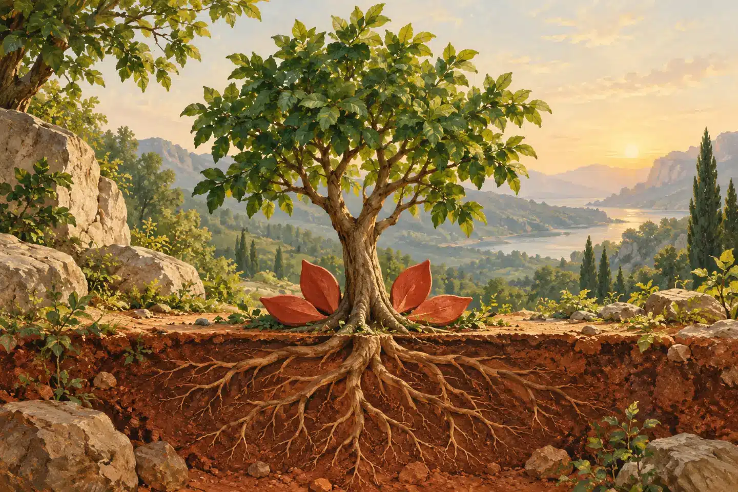 Illustration of symbolic leafy tree with deep roots and four terracotta petals in warm earth.