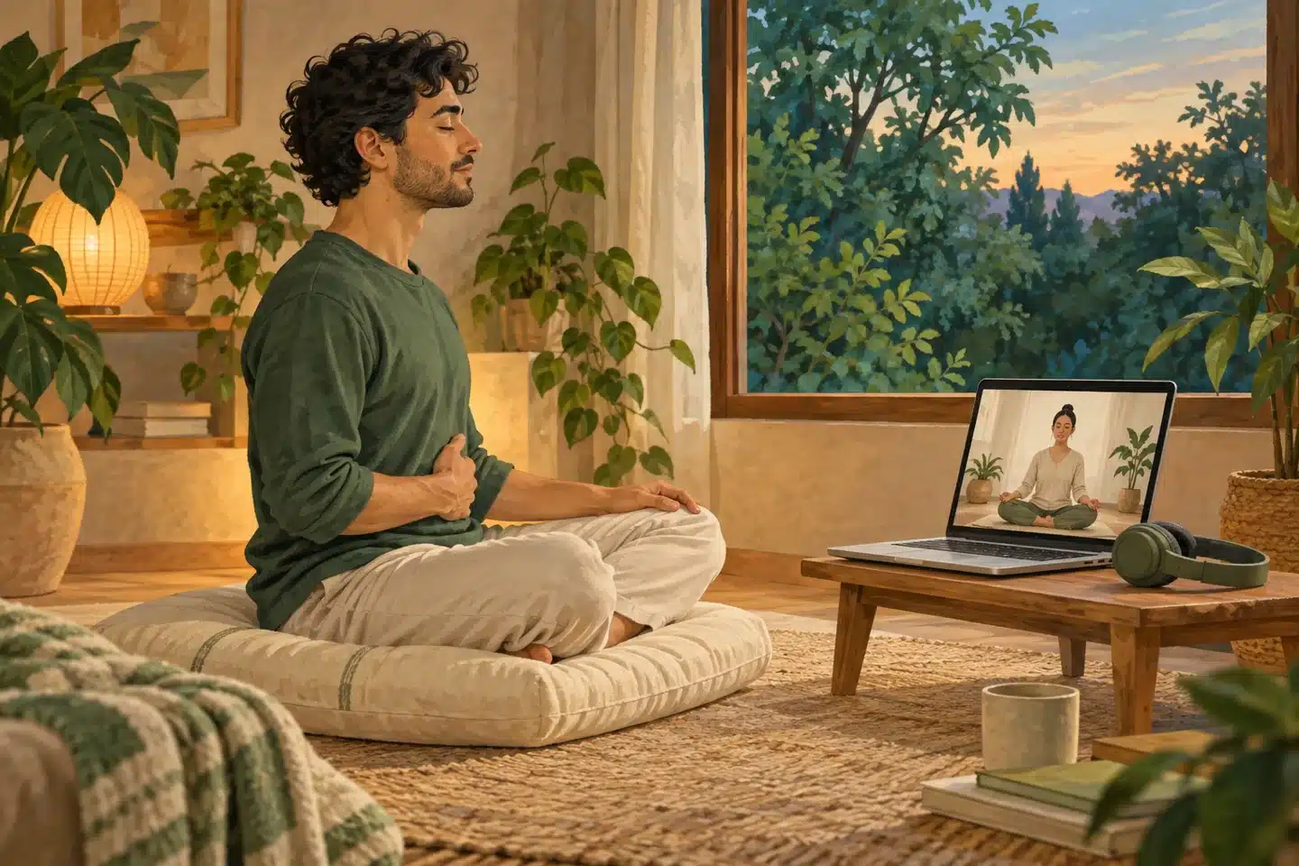 Illustration: A learner sits on a cushion with one hand on his abdomen while following a breathing instructor on a laptop.