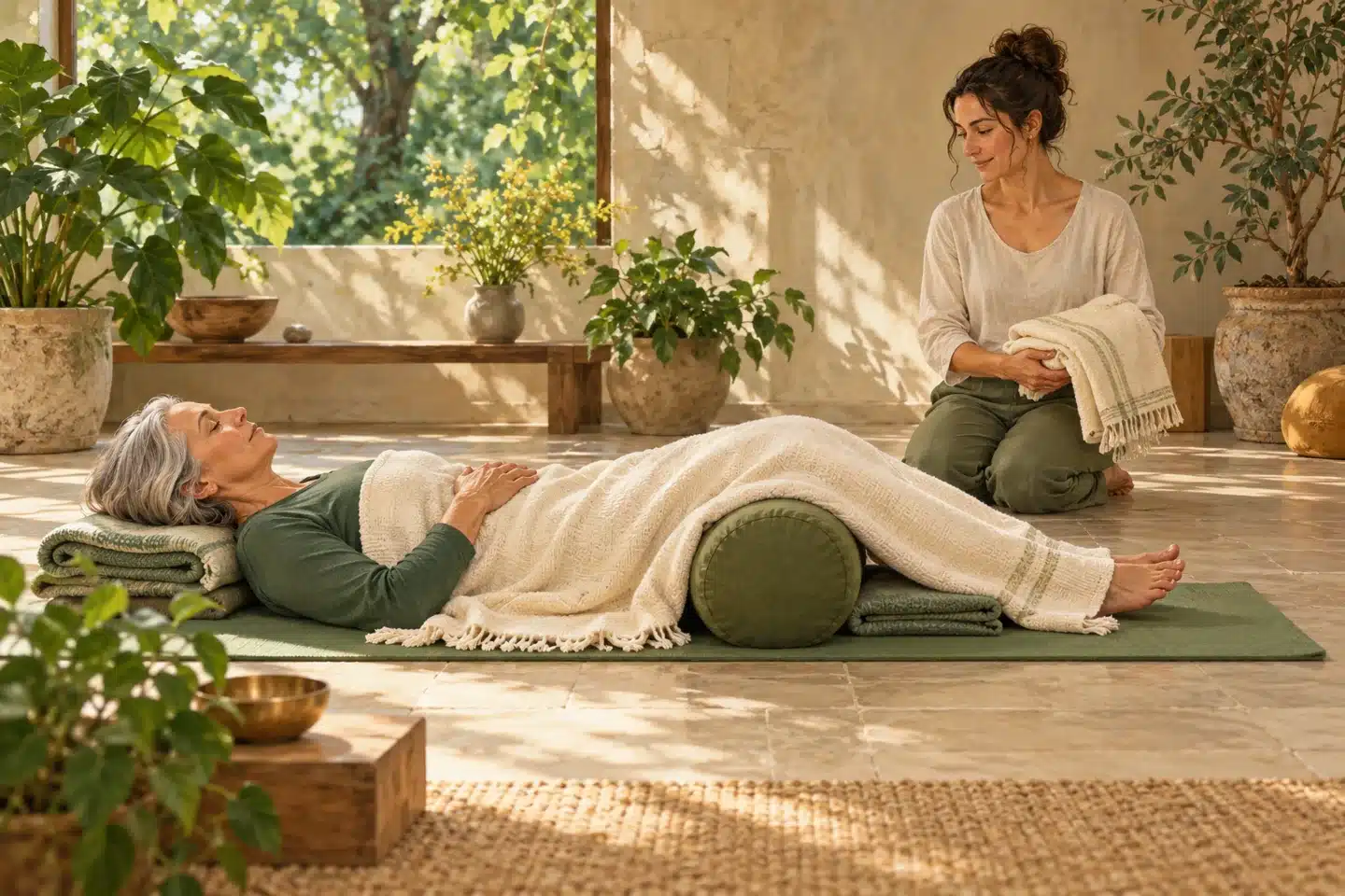 Illustration of older woman resting with blankets and a bolster while a yoga teacher observes.