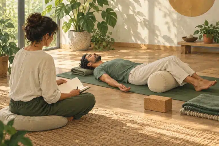 Illustration: A Yin yoga trainee takes notes while observing a fellow student resting with a bolster beneath the knees.