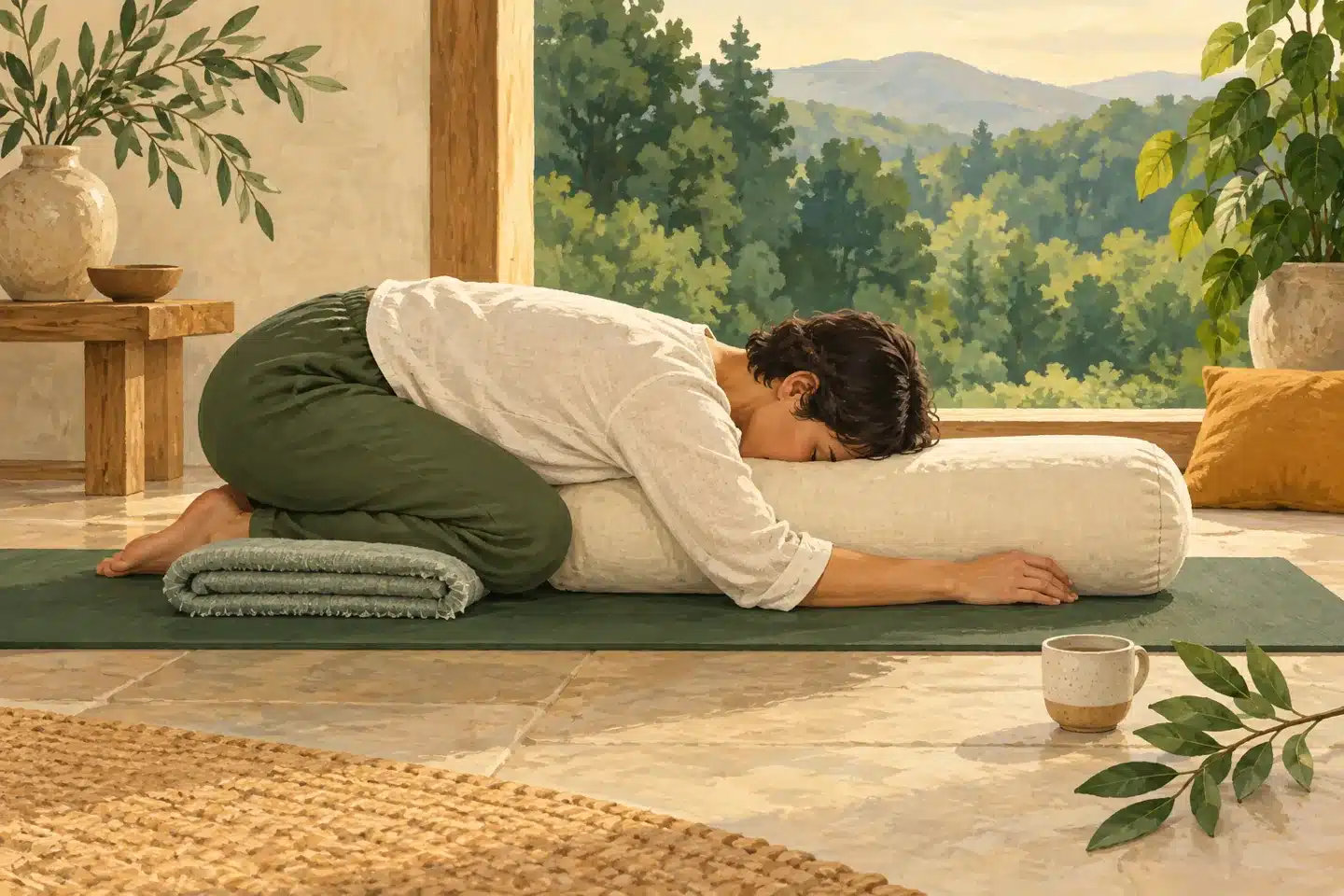 Illustration : Un praticien se repose dans la posture d’un enfant soutenu sur un support sur un tapis vert.