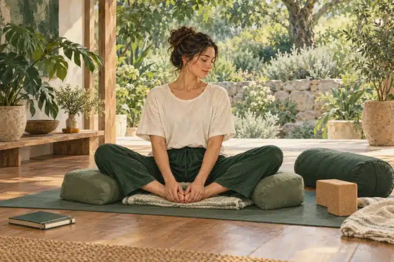 Painterly illustration of an adult seated on a mat with bent knees, yoga blocks, and a bolster.