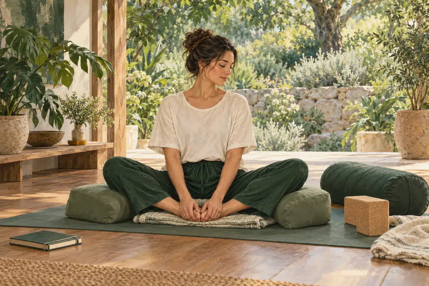 Painterly illustration of an adult seated on a mat with bent knees, yoga blocks, and a bolster.