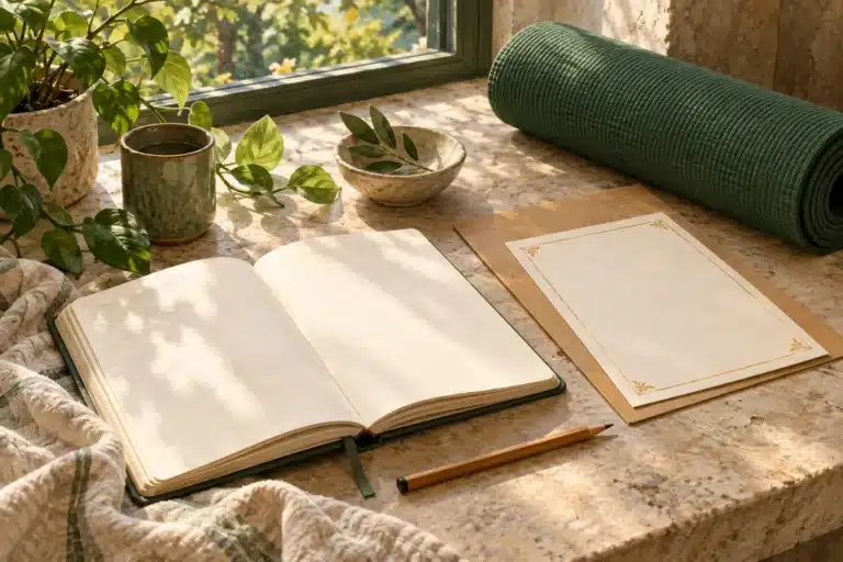 Illustrated learning journal, pencil, rolled mat, and blank bordered paper on a stone table.