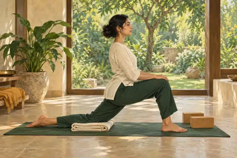 Painterly illustration of an adult practicing a low lunge on a yoga mat beside blocks.