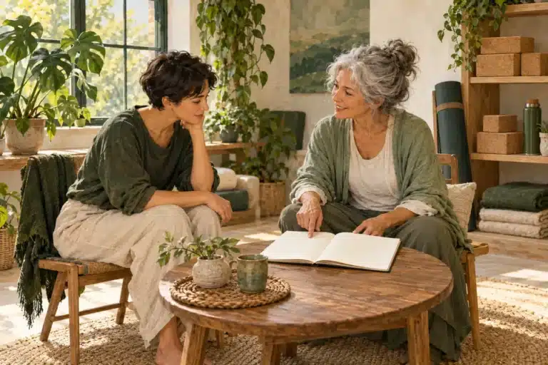 Painterly illustration of an adult yoga student discussing a blank course notebook with a teacher.