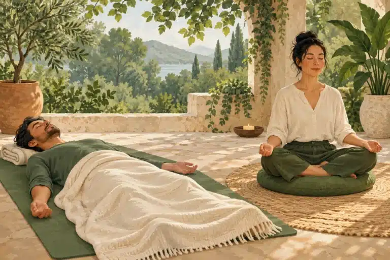 Illustration of two calm scenes compare a reclining Yoga Nidra practitioner with a person seated upright in meditation.