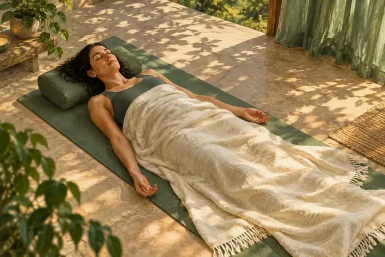 Illustration of woman resting beneath a cream blanket on a green yoga mat.