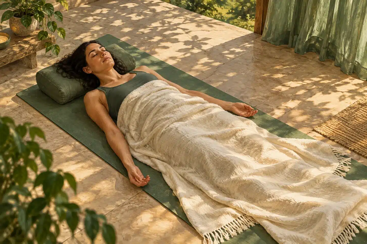 Illustration of woman resting beneath a cream blanket on a green yoga mat.