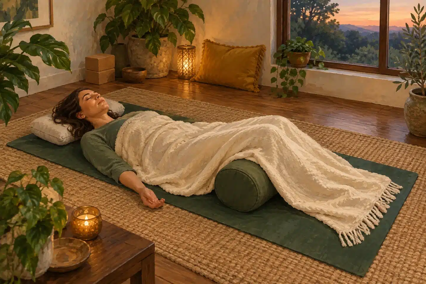 Illustration of an adult resting on a yoga mat with a blanket and a bolster under the knees.