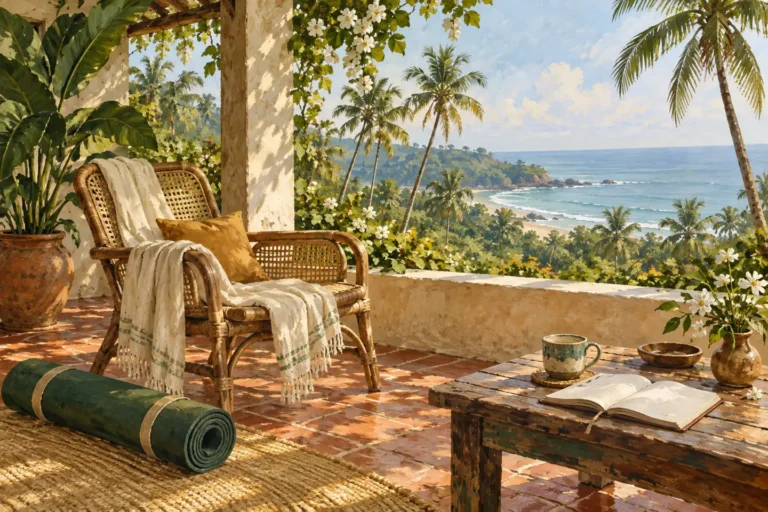 Conceptual illustration of a retreat veranda with a rolled mat, tea, journal, and palm-lined coast.