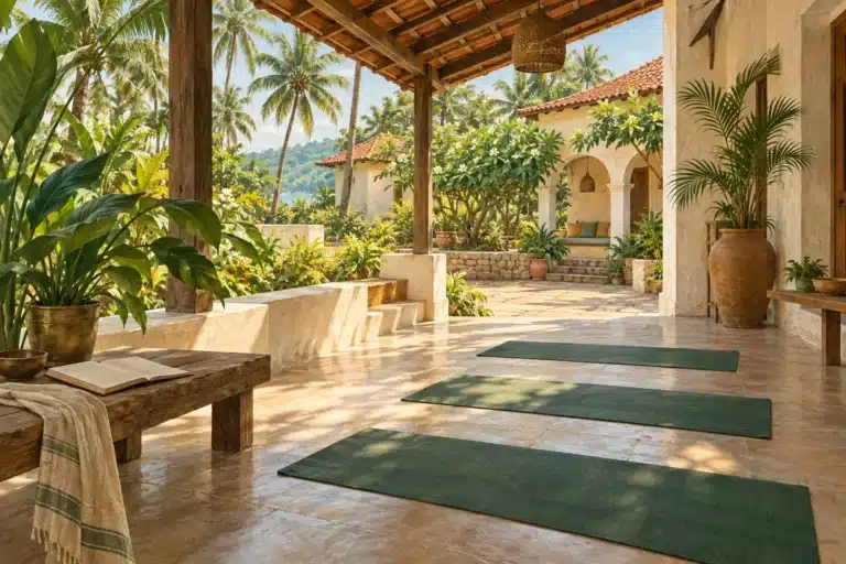 Conceptual illustration of a palm-filled yoga courtyard with mats and an open study notebook.