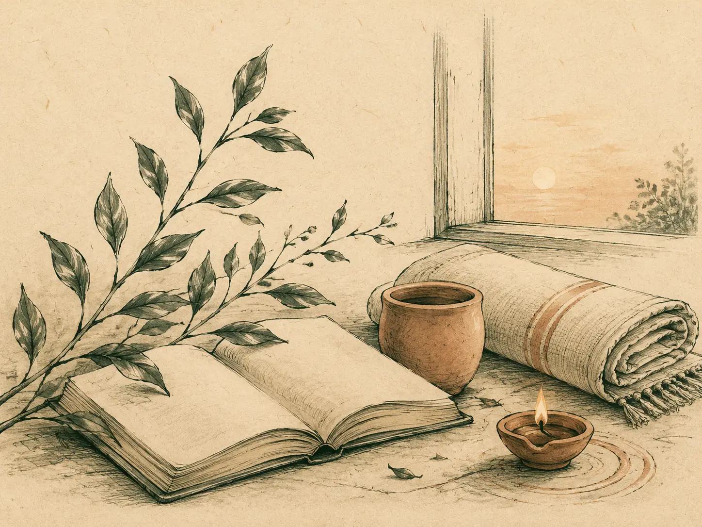 Hand-drawn scene of an open book, clay cup, lamp and yoga mat by a window