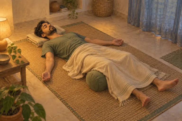 Yoga Nidra Meditation: Ein Mann liegt auf einer Matte; ein Bolster stützt seine Knie.